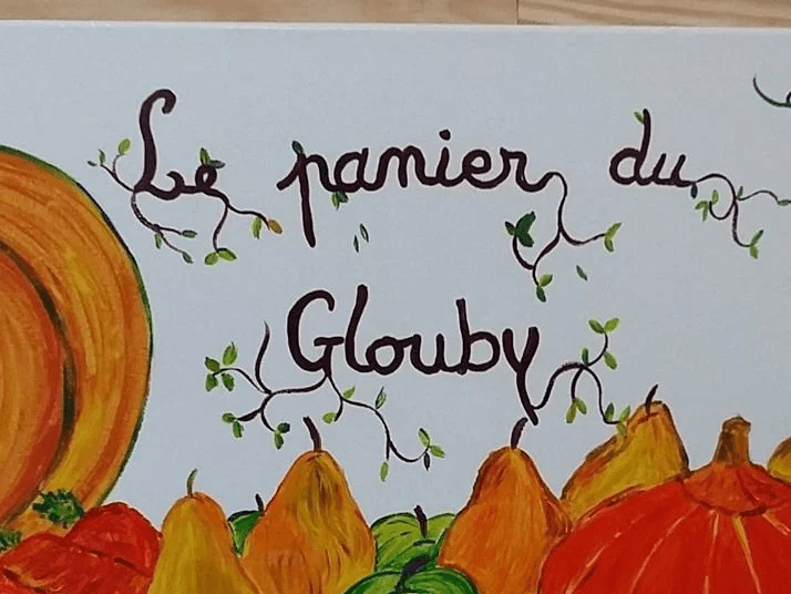 illustration de fruits et légumes avec texte Le panier du Glouby pour Les Ruchers de Christophe